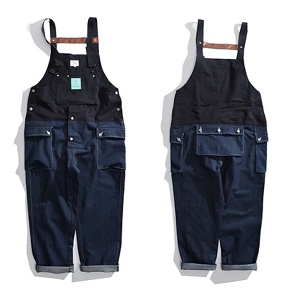 2023 summer cargo overalls pants men patchwork denim jumpsuits loose work pants solid color casual streetwear cargo trousers unique cargo style 4319