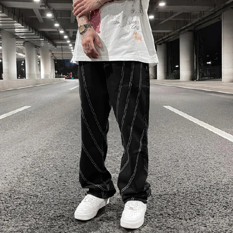 fashion design lines denim jeans mens zipper loose straight trousers hip hop new casual streetwear pants joggers baggy jeans streetwear sweatpants