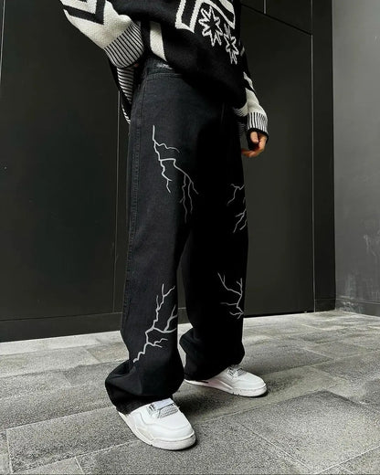 Harajuku fashion mens women’s jeans lightning graphic wide leg jean streetwear y2k denim cuples high waist pants men clothing Street King Limited