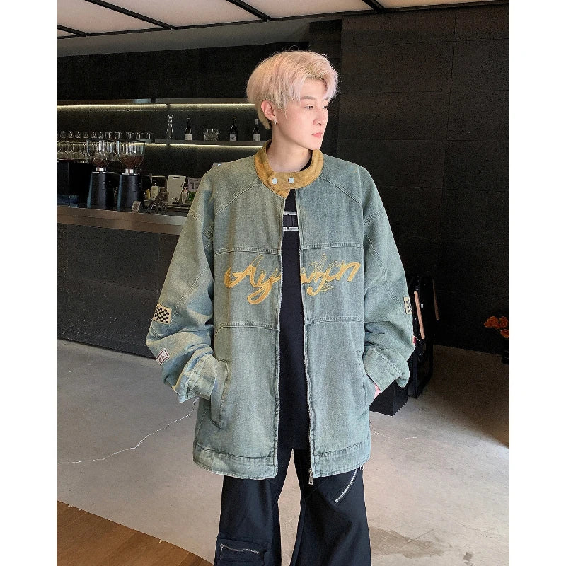 motorcycle hip hop mens cowboy jackets autumn 2024 embroidered washed trend denim coats stand collar color blocking outwear stacked flare jeans