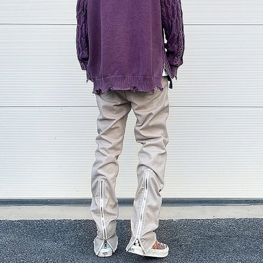 vintage casual small foot tapered jeans pants solid color back zipper mens slim fit jeans washed patch hole straight leg pants stacked flare jeans