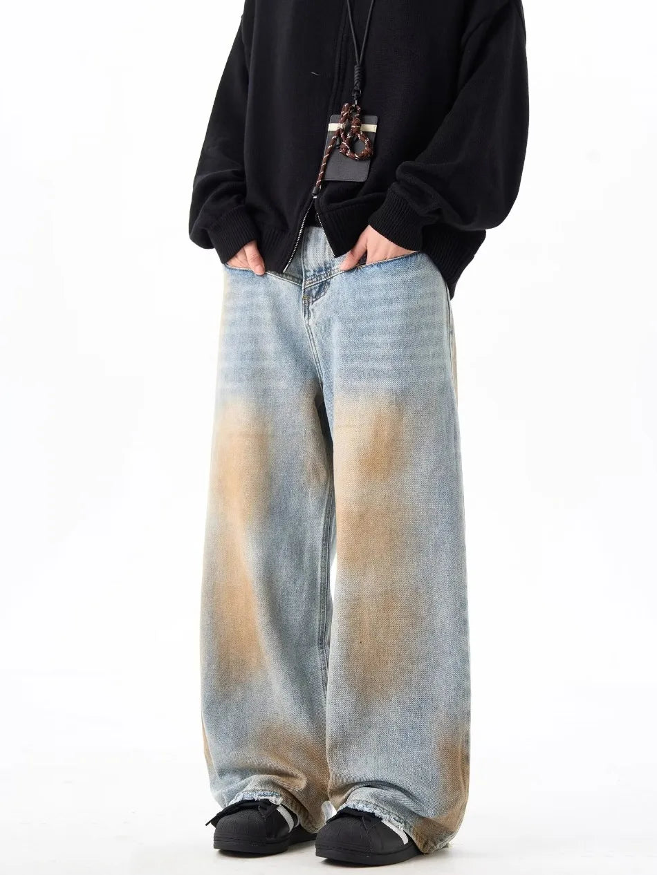 2024 High Street Washed Mens Jeans Gradient Color Blocking Hip Hop Blue Cowboy Pants Loose Straight Leg Denim Trousers Trend Street King Limited