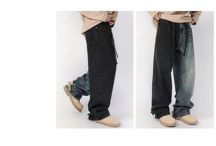 men streetwear fashion black blue splice hip hop loose casual wide leg straight baggy jeans pant cityboy jeans pants trousers unique jeans style 2525