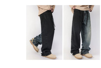 men streetwear fashion black blue splice hip hop loose casual wide leg straight baggy jeans pant cityboy jeans pants trousers unique jeans style 2525