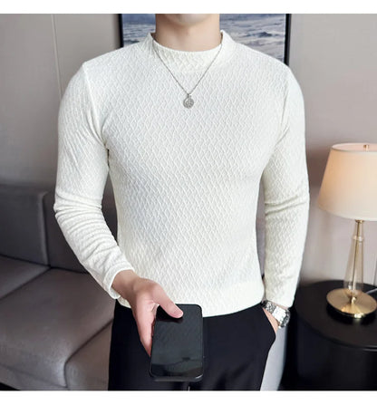Autumn Winter Semi-turtleneck Stretch Slim Fit Long Sleeve Tshirt Men Thicken Velvet Jacquard Casual T-shirt Bottom T Shirt Street King Limited