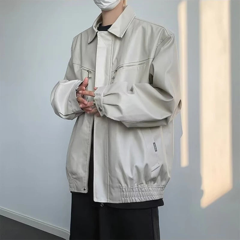 retro motorcycle pu leather jacket mens high street punk zipper decoration loose coats unisex hip hop fashion outwear spring relaxed fit trousers