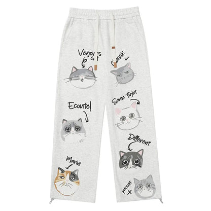 Men Sweatpants Cartoon Cat Printed Sports Casual Baggy Pants American Retro Versatile Straight Wide Leg Trousers Unisex Street King Limited