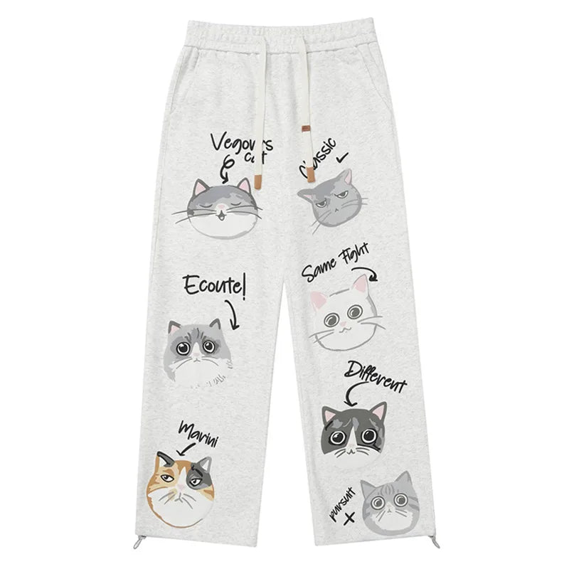 Men Sweatpants Cartoon Cat Printed Sports Casual Baggy Pants American Retro Versatile Straight Wide Leg Trousers Unisex Street King Limited