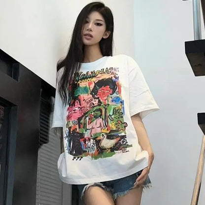 Summer t-shirt short-sleeved women's pure cotton student lazy style ins trend Korean round neck loose slim abstract y2k tops emo Street King Limited