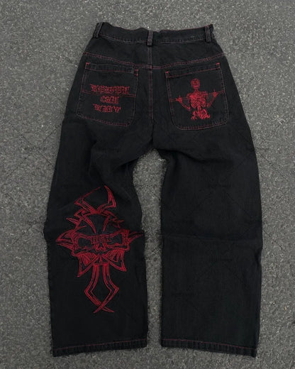 Y2K Retro American Personality Design Fashionable Loose Straight Jeans Men Street Hip-hop Harajuku All-match Floor Mopping Pants Street King Limited