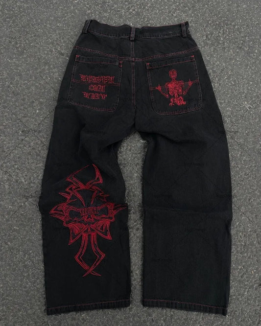 Y2K Retro American Personality Design Fashionable Loose Straight Jeans Men Street Hip-hop Harajuku All-match Floor Mopping Pants Street King Limited