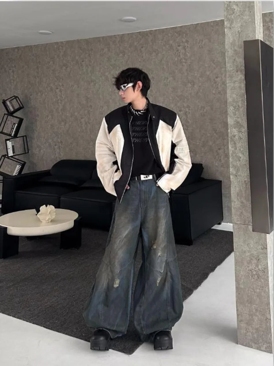 street american color block mens jacket 2024 new autumn zipper patchwork shoulder pads racing coats motorcycle windbreaker unique default style 3231