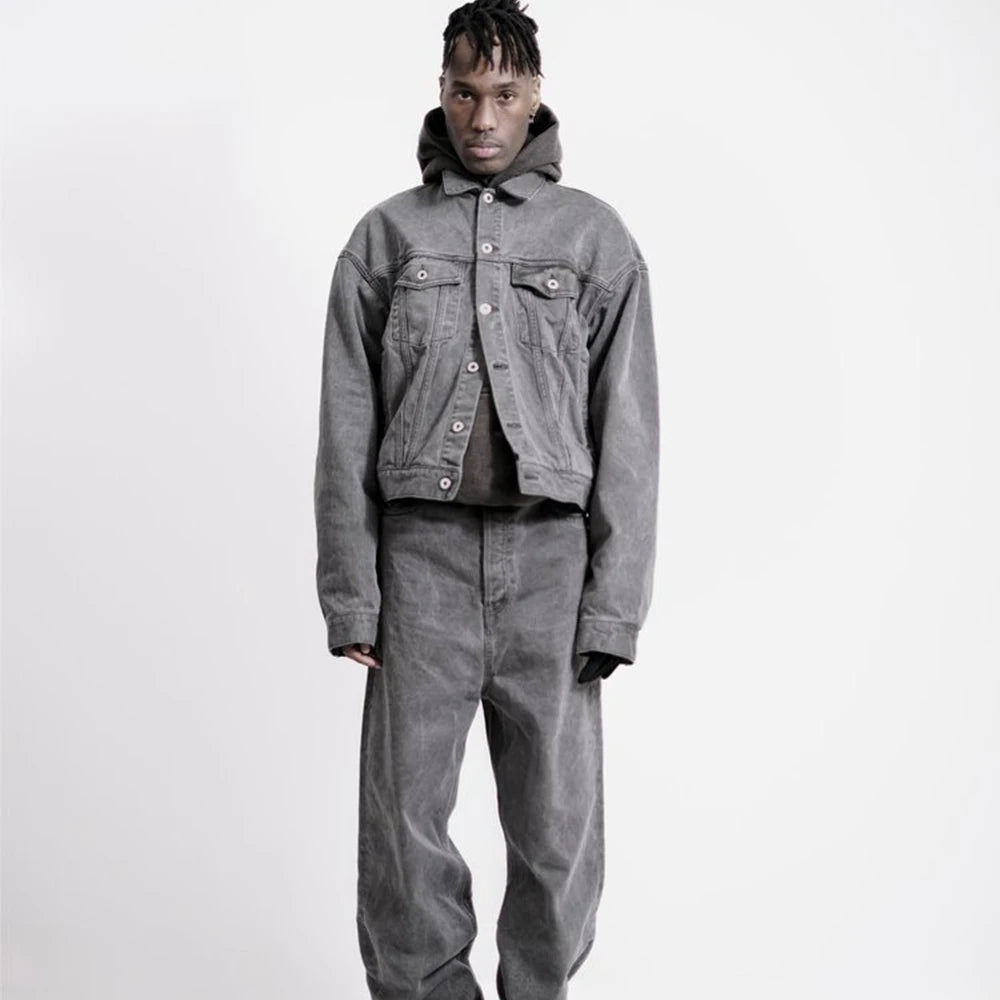 2023 autumn and winter solid color washed gray jeans jackets for men harajuku cleanfit baggy y2k denim coat oversized loose tops unique jeans style 36