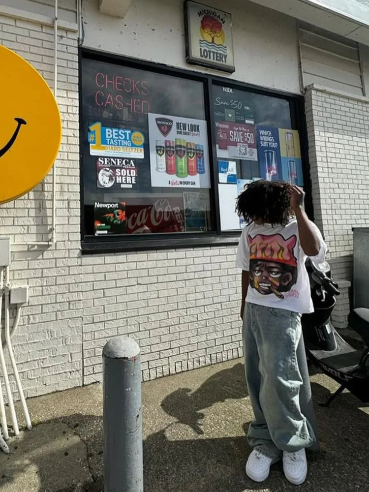 American Trendy Gothic Anime cartoon avatar Print Oversized T-Shirt Y2K Loose Harajuku Versatile hip hop Short Sleeve Tops tees Street King Limited