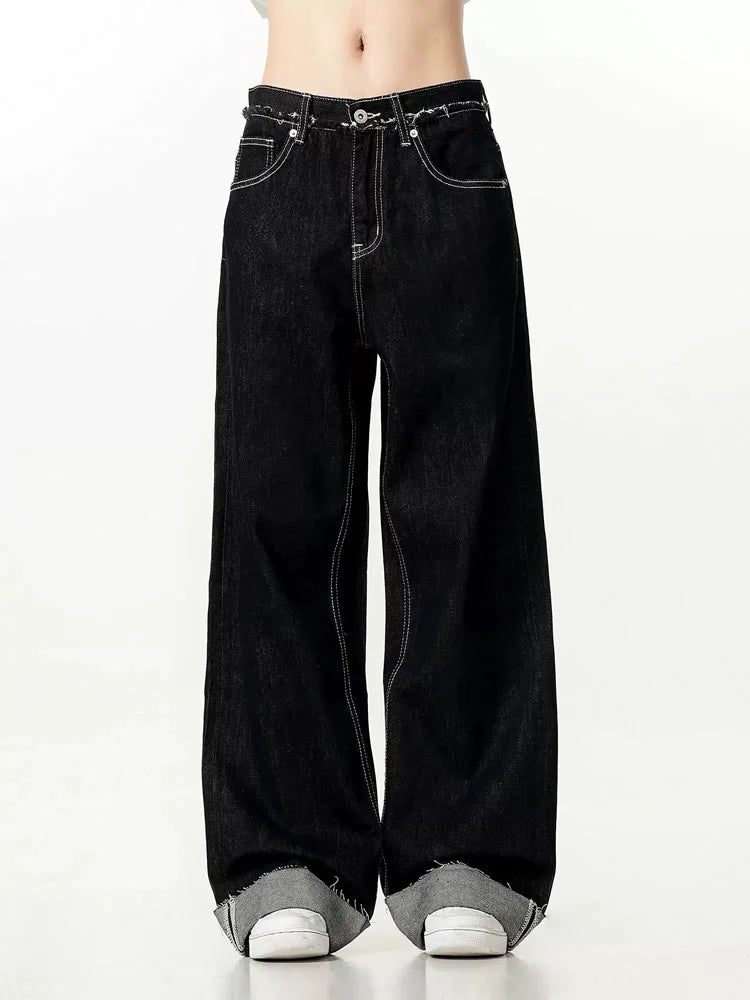 men women streetwear fashion loose casual wide leg straight black denim jeans pant boyfriend y2k baggy jeans trousers stacked flare jeans