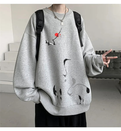 Ink Painting Cartoon Crane Printed Pullover Hoodies For Men 2024 New Hip Hop Fashion Crewneck Hoody Y2K Streetwear Sweatshirts Street King Limited