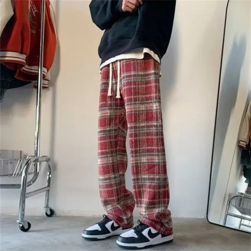 new mens y2k plaid casual baggy trousers autumn korean fashion straight woolen pants y2k vintage streetwear pantalones hombre clean everyday pants