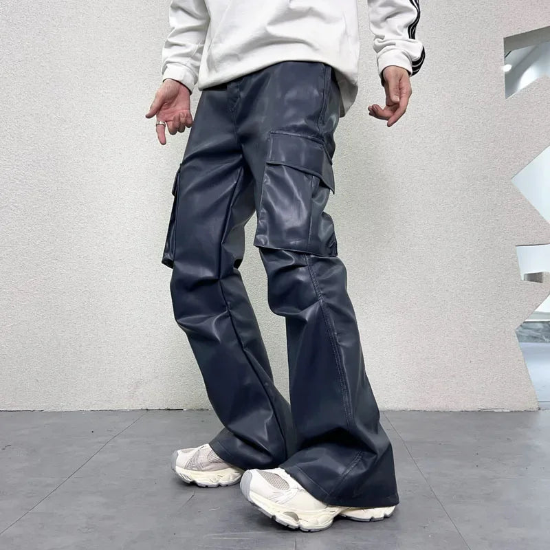 pu leather pants mens streetwear fashion hip hop vibe casual faux leather cargo flared pant men motorcycle trousers military streetwear pants