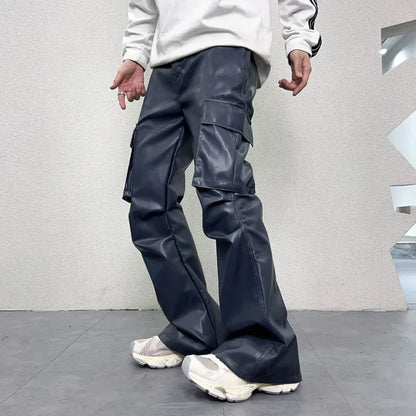 pu leather pants mens streetwear fashion hip hop vibe casual faux leather cargo flared pant men motorcycle trousers military streetwear pants