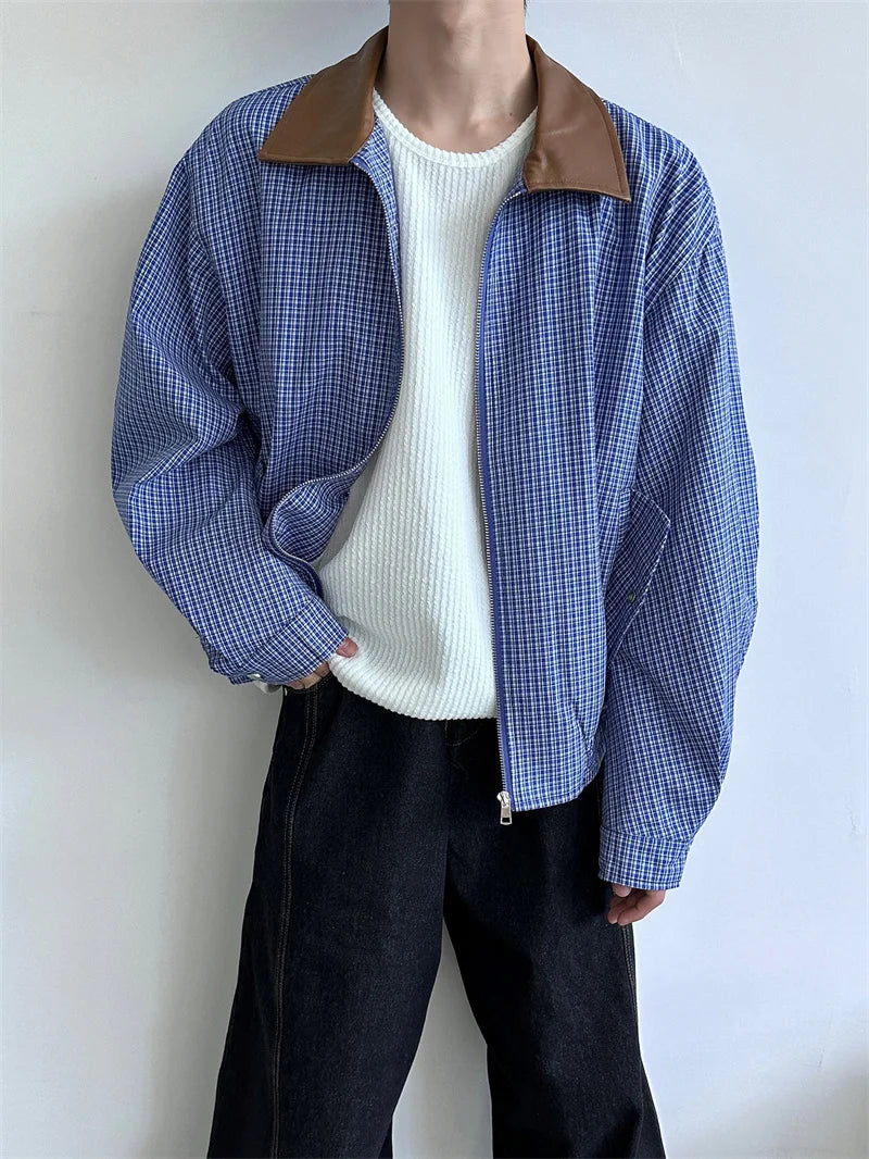 2024 autumn high street plaid jackets for men casual y2k vintage streetwear zipper coats hip hop fashion motorcycle jacket unique default style 1551