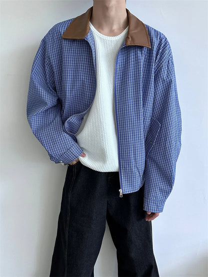 2024 autumn high street plaid jackets for men casual y2k vintage streetwear zipper coats hip hop fashion motorcycle jacket unique default style 1551