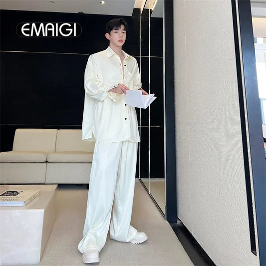 men silk style streetwear fashion loose casual long sleeve shirts pants 2 pieces sets male vintage suits blouses trousers clean everyday pants
