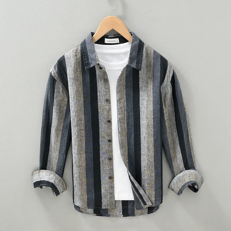 Linen Vertical Striped Long-Sleeved Shirt Men's Summer Thin Breathable Three-Quarter Sleeve Cotton And Linen Artistic Shirt Street King Limited