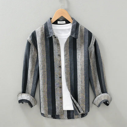Linen Vertical Striped Long-Sleeved Shirt Men's Summer Thin Breathable Three-Quarter Sleeve Cotton And Linen Artistic Shirt Street King Limited