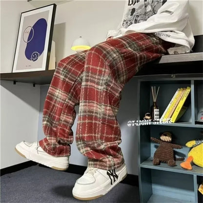 new mens y2k plaid casual baggy trousers autumn korean fashion straight woolen pants y2k vintage streetwear pantalones hombre urban fashion pants
