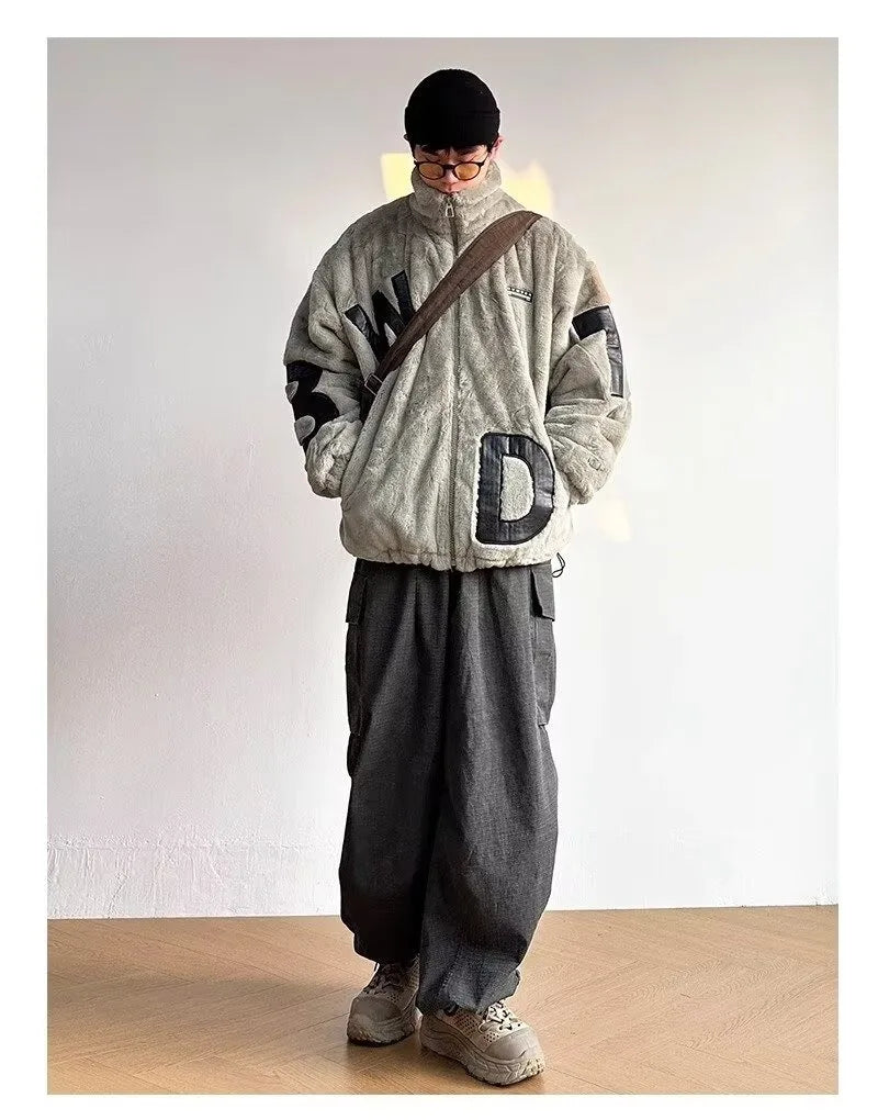 Street Lamb Wool Jacket Mens 2024 Winter Stand Collar Letter Patchwork College Parkas Fleece Warm New Thickening Couple Coats Street King Limited