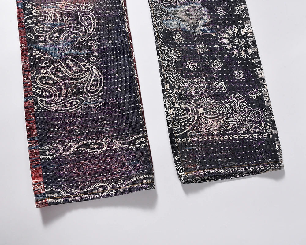 hip hop distressed paisley patchwork baggy jeans pants for men straight y2k ripped casual cargos oversized denim trousers unique cargo style 127