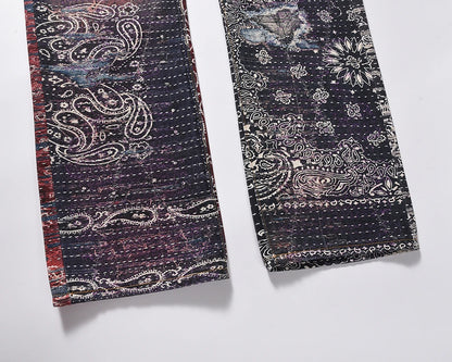 hip hop distressed paisley patchwork baggy jeans pants for men straight y2k ripped casual cargos oversized denim trousers unique cargo style 127