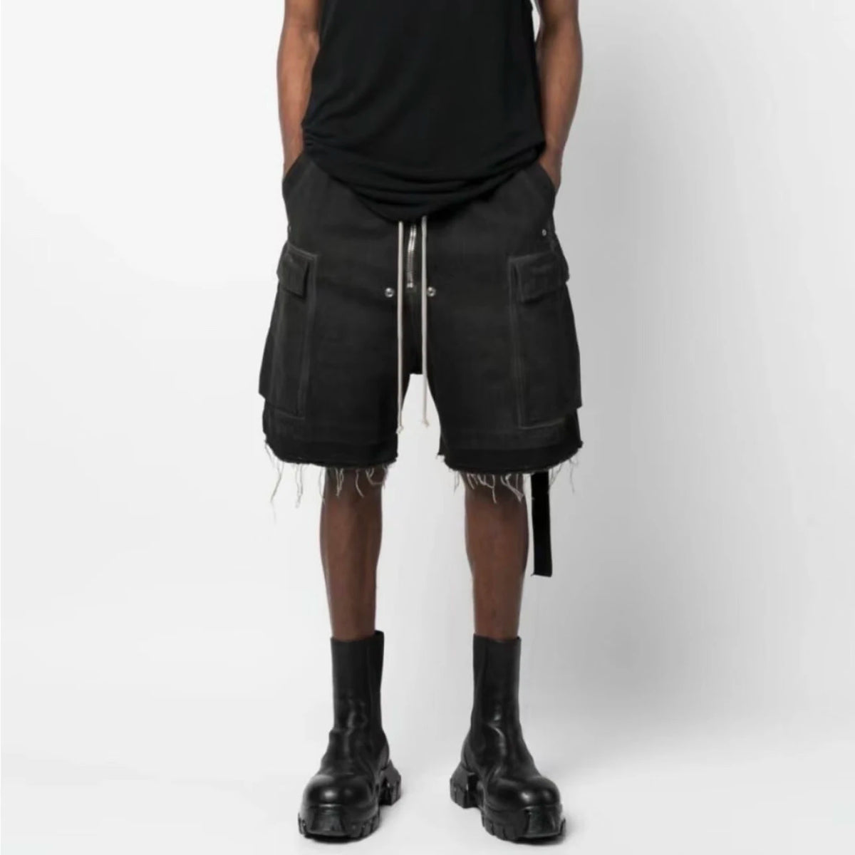 ro style ribbons streetwear multi pockets cargo short for men elastic waist wide leg baggy jeans knee length pants loose overall unique cargo style 4350