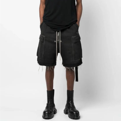 ro style ribbons streetwear multi pockets cargo short for men elastic waist wide leg baggy jeans knee length pants loose overall unique cargo style 4350