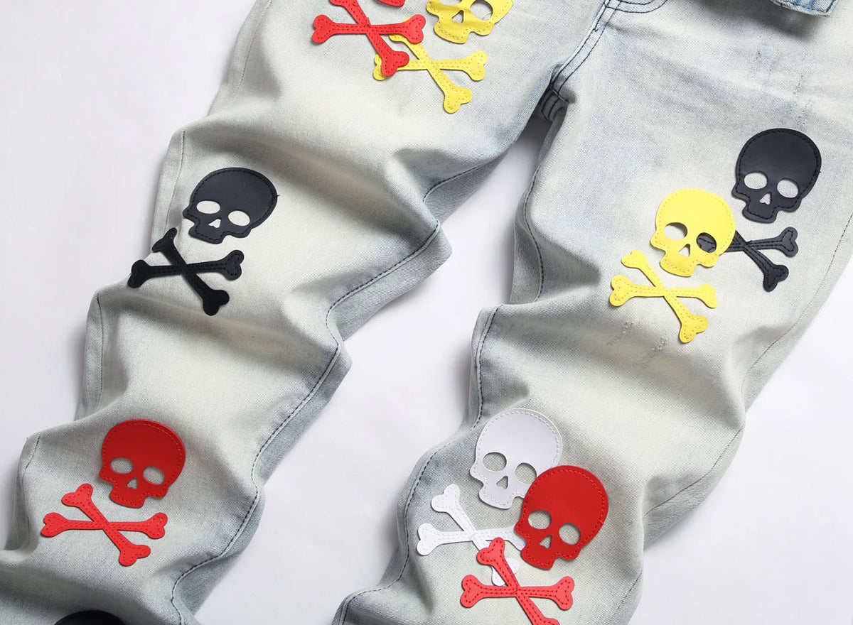 2023 brand new patch light skull head bone chemist tie dyed jeans cotton denim pants comfort casual skinny jeans 32 44 266 vintage washed jeans