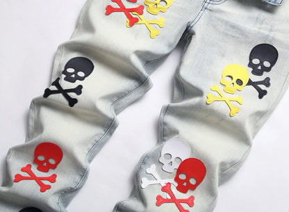 2023 brand new patch light skull head bone chemist tie dyed jeans cotton denim pants comfort casual skinny jeans 32 44 266 vintage washed jeans