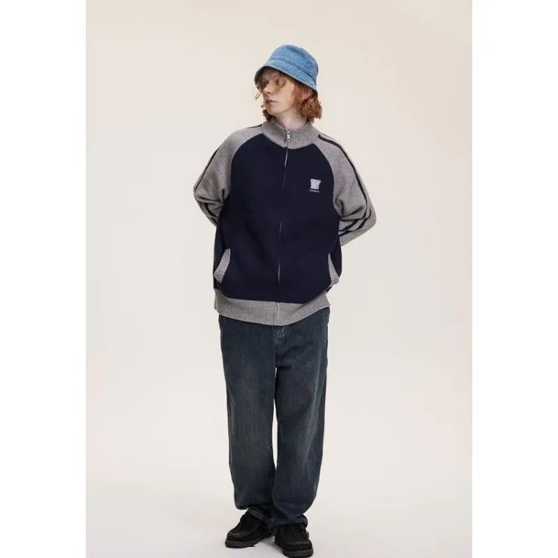2023 College Vintage Knit Cardigan Men Harajuku Letter Print Patchwork Sweater Casual Loose Zipper Pull Homme Spring Autumn Street King Limited