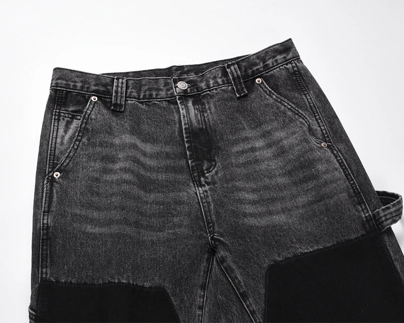 patchwork graffiti black straight denim pants mens vintage patches stitching ink splashed jeans y2k logging cargo pants for male unique cargo style 454