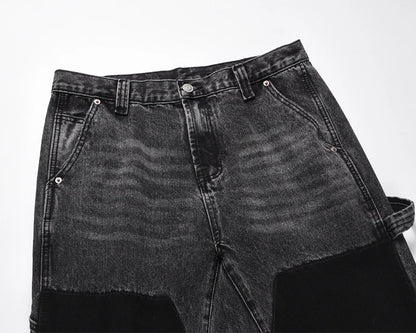 patchwork graffiti black straight denim pants mens vintage patches stitching ink splashed jeans y2k logging cargo pants for male unique cargo style 454