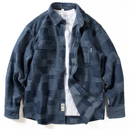 Heavy Denim Shirt Men's Long Sleeve Loose Japanese Retro Washed Distressed Shirt Men's Top Plaid Thickened Jacket Street King Limited