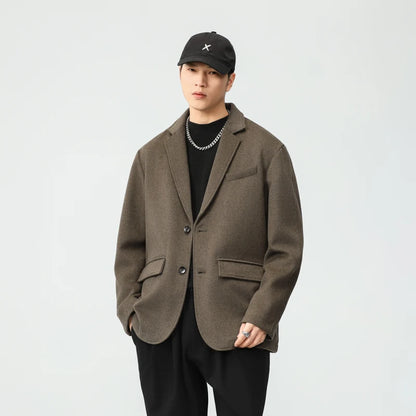 autumn winter men business casual fashion retro woolen thick blazer jacket korean streetwear plus size suit coat outerwear clean everyday pants