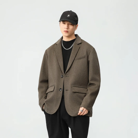 autumn winter men business casual fashion retro woolen thick blazer jacket korean streetwear plus size suit coat outerwear clean everyday pants