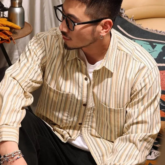 Streetwear Autumn Loose Striped Long Sleeve Shirts For Men Korean Fashion High Qu Autumn Loose Striped Long Sleeve Shirts For Men Korean Fashion High Quality Casual Shirt Y2K Streetwear Stand Collar T Shirts Fashion Sweater Jacket With Graphic Design For Men