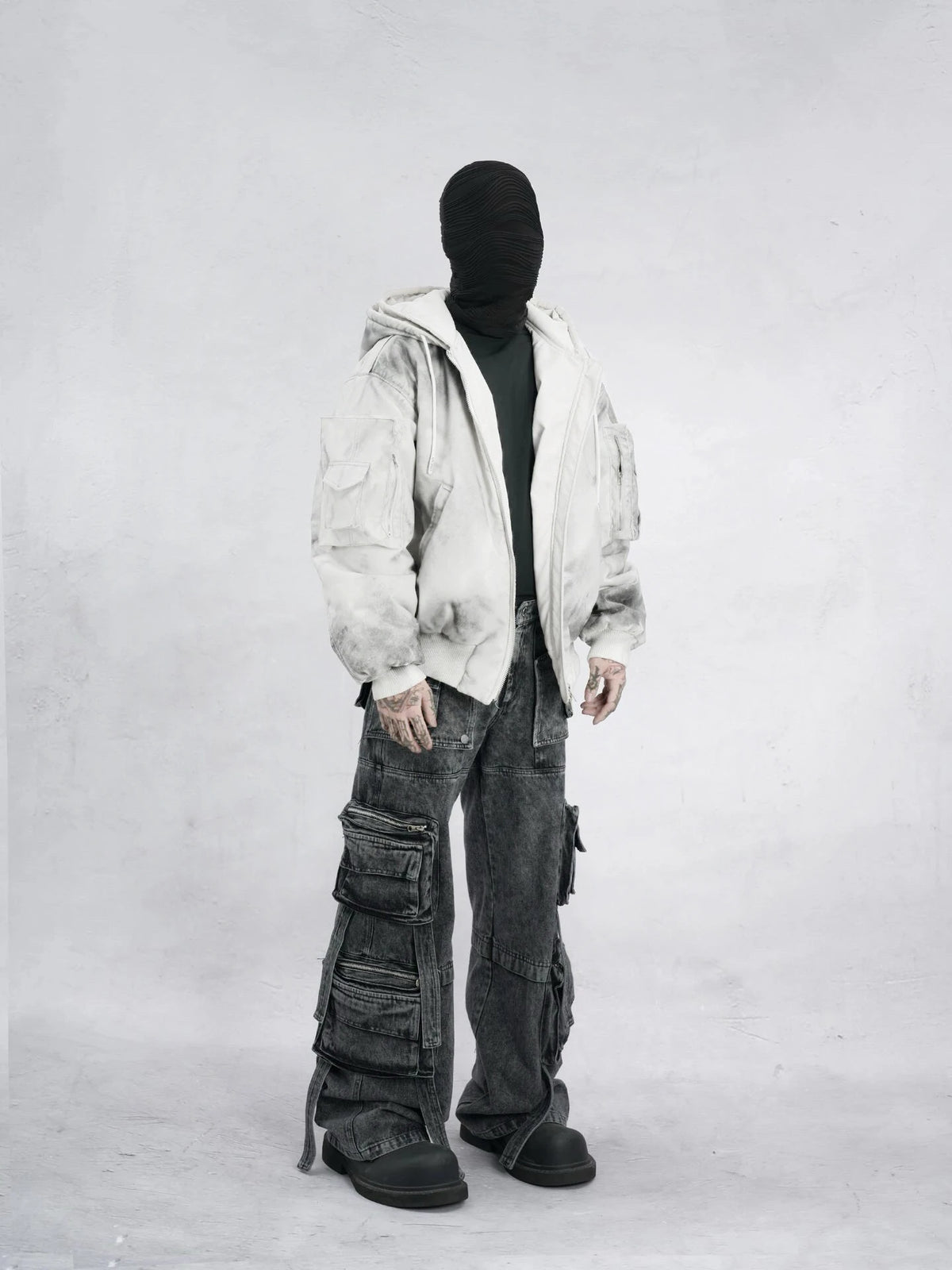 new arrival vintage heavyweight dirty grey double layer hooded leather jacket with multiple pockets zipper design cotton jacket menswear bottoms