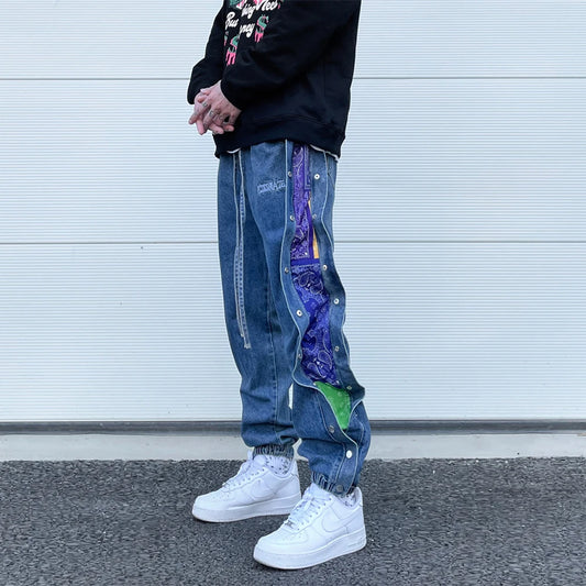 washed distressed denim sweatpant cashew flower patchwork oversized splice buckle jogging jeans casual button baggy men clothing sporty tapered joggers