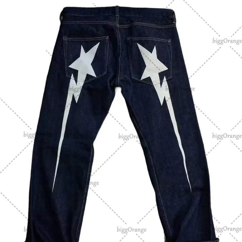 Y2K Street Hip Hop Harajuku Lightning Pattern Printed Jeans Men's Fashion Loose Casual High Waist Wide Leg Jeans Women's Street King Limited
