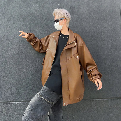 spring autumn vintage cool soft pu leather moto jacket men luxury designer clothes motorcycle trendy jacket with pockets relaxed fit trousers