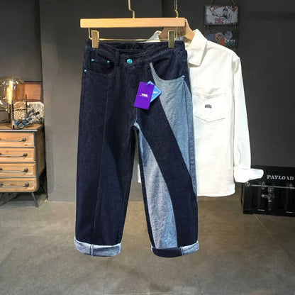 men streetwear splice denim fashion brand hip hop loose casual straight jeans pant cityboy deep blue y2k jeans trousers for men ripped baggy denim