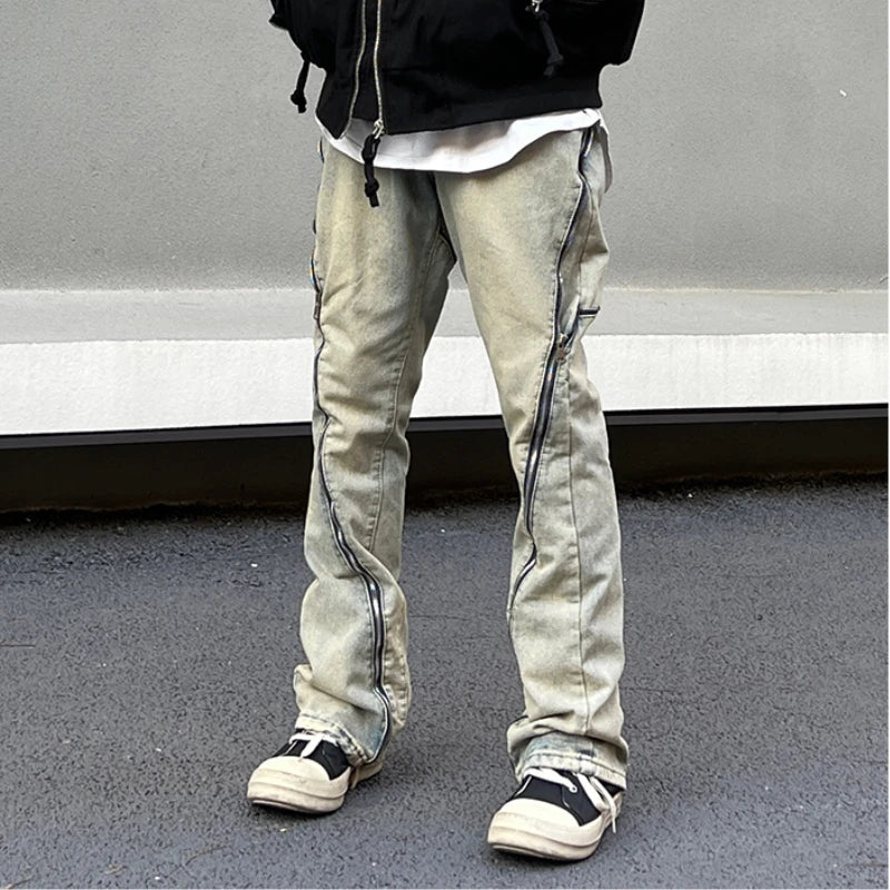 retro washed denim jean pants 2023 new casual zipper open loose straight jeans hip hop y2k pants mens jeans streetwear joggers unique joggers style 3197