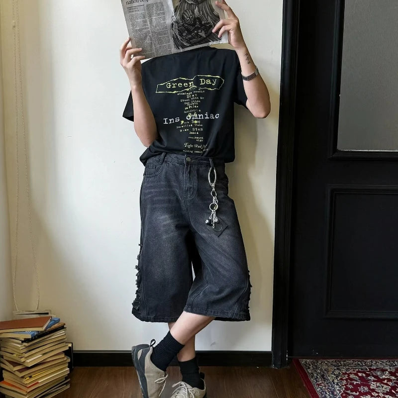 mens hip hop washed denim shorts broken hole folds burr edge street punk cowboy middle pants pockets bomber quarter pants y2k vintage washed jeans